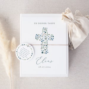 Geschenkschachtel personalisiert, Geldgeschenk Taufe, Geschenkbox, Magnetbox, Geldgeschenkbox, Kollektion "Blumenkreuz Blau"