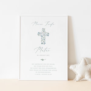 Taufposter Blumenkreuz Blau, Poster Taufe, Taufgeschenk Patenkind, Taufgeschenk personalisiert, Taufe Deko Jungen, Taufposter Jungen