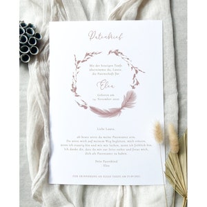 Personalisierter Patenbrief, Federn, Taufgeschenk, Geschenk für Paten, Patenbrief Digital, Patenbrief Download, Kollektion "Federn Rosa"