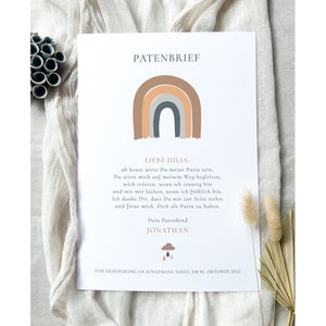 Personalisierter Patenbrief, Regenbogen, Taufgeschenk, Geschenk für Paten, Patenbrief Digital, Kollektion "Regenbogen Braun"