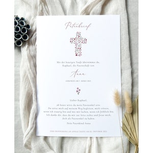 Gepersonaliseerde peetouderbrief, doopcadeau, cadeau voor peetouders, peetouderbrief digitaal, peetouderbrief downloaden, collectie "Flower Cross Purple"