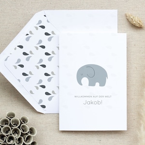 Greeting card birth, card personalized for birth, folding card for birth, greeting card birth boy, elephant