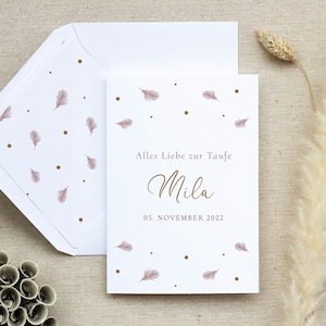 Karte Taufe, Taufe Karte, Karte zur Taufe, Taufkarte Mädchen, Taufgeschenk Mädchen, Karte Taufe Personalisiert, Taufkarte „Federn Rosa“