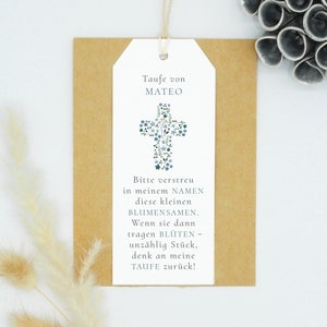 Regalo per gli ospiti del battesimo, semi di fiori per il battesimo, regalo per gli ospiti per il battesimo, ciondolo di semi di fiori, regalo di semi di fiori per il battesimo, croce di fiori blu