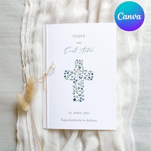Può includere: Un biglietto bianco con un design a croce floreale. Il testo "TAUFE von Carl Anton" è in cima al biglietto. La data "10. APRIL 2021" e il testo "Kapuzinerkirche in Koblenz" sono in fondo al biglietto.