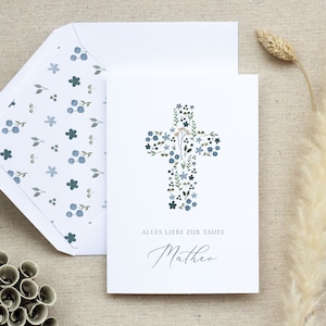 Karte Taufe, Taufe Karte, Karte zur Taufe, Taufkarte personalisiert, Karte Taufe Personalisiert, Taufkarte Junge, Blumenkreuz Blau
