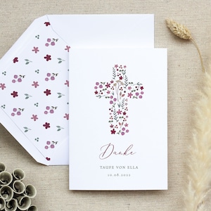 Dankeskarte Taufe, Dankeskarte Kreuz, Danksagungskarte Taufe, Taufkarte, Kommunion, Kollektion "Blumenkreuz Lila"