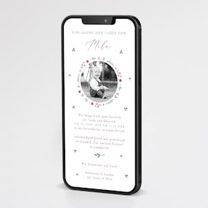 Taufeinladung digital, Taufeinladung personalisiert, Einladungskarte Taufe, Einladung zur Taufe Handy, Einladung WhatsApp, Blumenkreuz Lila