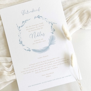 Lettera del padrino personalizzata, piume, regalo del battesimo, regalo per i padrini, lettera digitale del padrino, download della lettera del padrino, collezione "Piume Blu"
