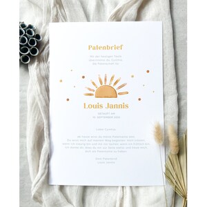 Gepersonaliseerde peetouderbrief, peetouderbrief voor peettante peetvader, cadeau voor peetouders, peetouderbrief digitaal, download, collectie "Zon"