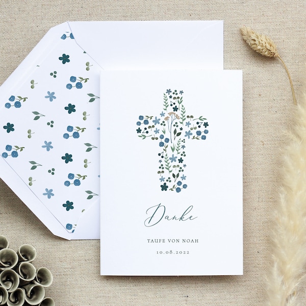 Dankeskarte Taufe Blumenkreuz Blau, Dankeskarte Kreuz, Danksagungskarte, Taufe, Kommunion