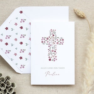 Karte Taufe, Taufe Karte, Karte zur Taufe, Taufkarte personalisiert, Karte Taufe Personalisiert, Taufkarte Mädchen, Blumenkreuz Lila