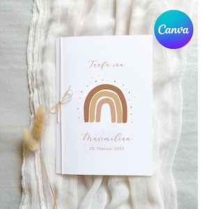 Könnte beinhalten: Eine weiße Karte mit einem braunen Regenbogen und goldenem Glitzer. Der Text auf der Karte lautet "Taufte von Maximilian 25. Februar 2025".