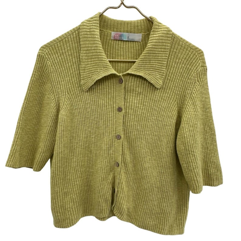 Vintage Free People Beach Ribbed Knit Linen Blend Green Button Front Top Medium image 8