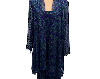 Vintage 80s Patra Cocktail Dress & Sheer Cover Up Peacock Blue Purple USA 14