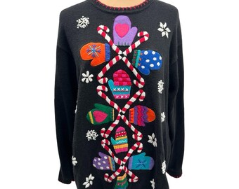 Vintage 90s Victoria Jones Christmas Sweater Mittens Candy Canes Snowflake Large