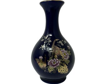 Vintage 1960s Japanese Cobalt Blue Peacock Bud Vase Gold Gilt Floral McCrory