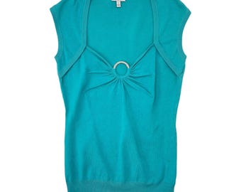 Vintage 90s Cache Silk Blend Sleeveless Top Stretch Knit Y2K Turquoise Large