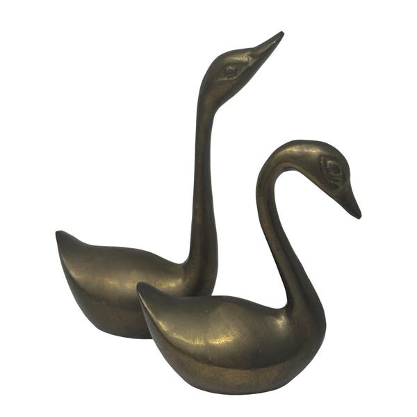 Vintage 60s Brass Swan Figurines Set 2 Mid Century Modern Danish Style 5.25" & 3.75"