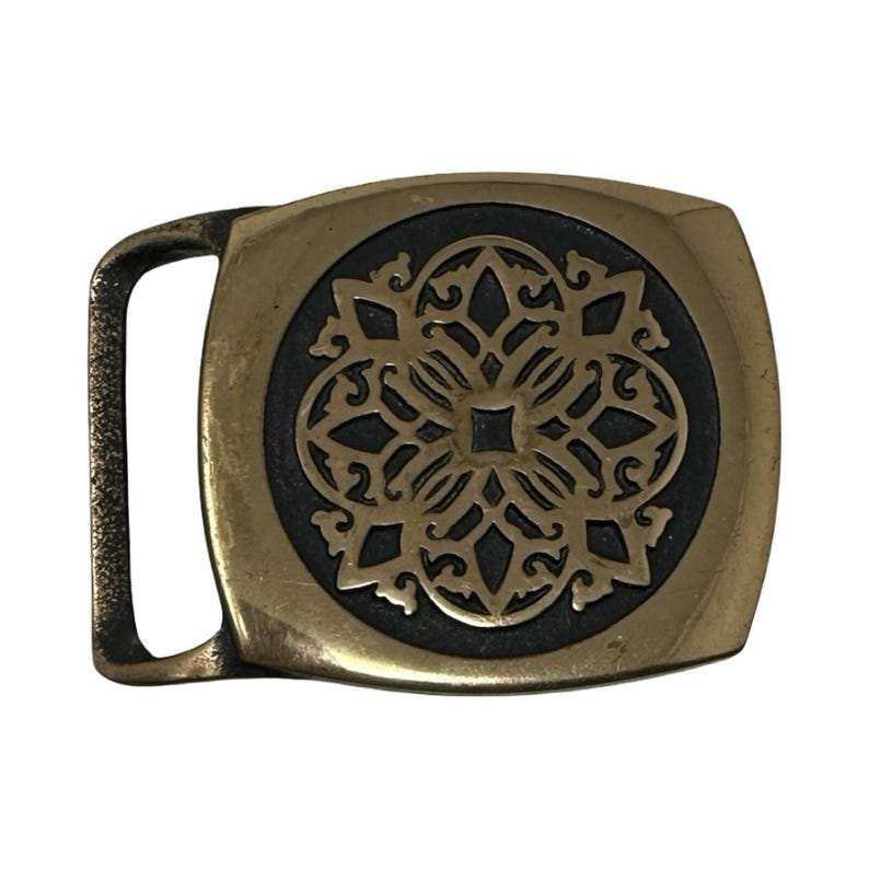 1978 Tech Ether Guild Solid Brass Kaleidoscope Inlay Belt Buckle Signed Turner image 1