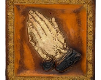 Vintage 1960s Norleans Japan Praying Hands Wall Plaque Chalkware Hand Painted 8" x 8"