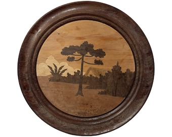 Vintage 60s Lembrancas Do Parana Brazil Wood Marquetry Wall Plaque Araucaria 8"