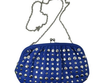 Vintage 90s Rivet Blue Leather Clutch Pouch Kiss Lock Convertible Crossbody y2k
