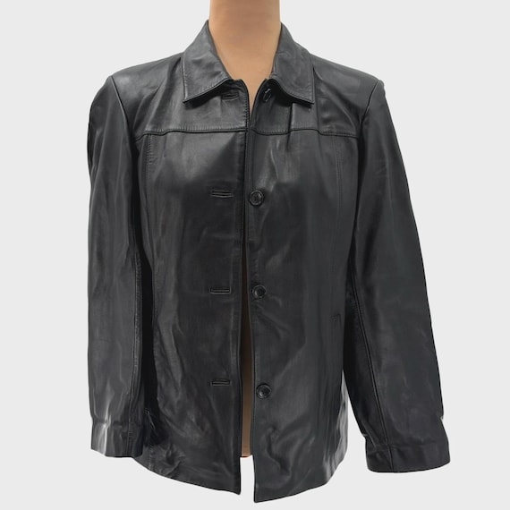 Ann Taylor, 90s Ann Taylor Black Leather Jacket Womens Small Button Front Lined Y2K Vintage