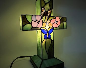 Vintage Tiffany Style Stained Glass Cross Accent Table Lamp Religious Floral 12"