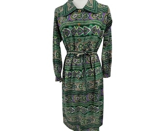 Vintage 60s Berkshire B-Tween Midi Shift Dress 3/4 Sleeves Tie Belt Large Green Paisley Floral