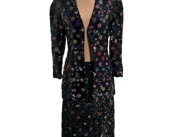 Vintage 1980s Black Tie He-Ro Heavily Sequin Beaded Jacket & Skirt Set Medium