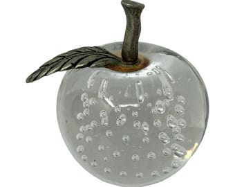 Vintage Clear Glass Apple Controlled Bubble Paperweight Silver Tone Leaf Stem