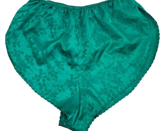 Vintage 80s Sabrina Mervyns Green Satin Jacquard Tap Sleep Shorts High Cut Leg L
