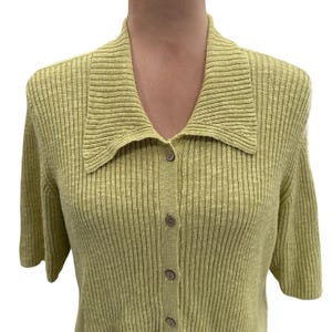 Vintage Free People Beach Ribbed Knit Linen Blend Green Button Front Top Medium image 2