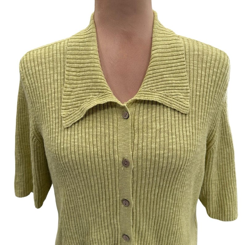 Vintage Free People Beach Ribbed Knit Linen Blend Green Button Front Top Medium image 2