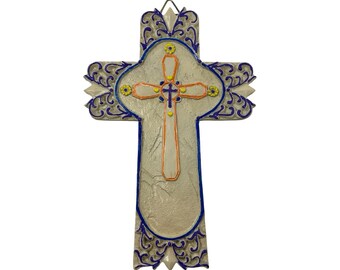 Vintage Hand Painted Southwestern Wall Cross Religious Folk Art Blue Orange 8.5"