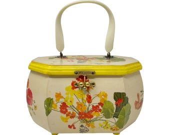 Vintage 1975 Wooden Floral Decoupage Octagon Box Purse Lucite Handle Signed
