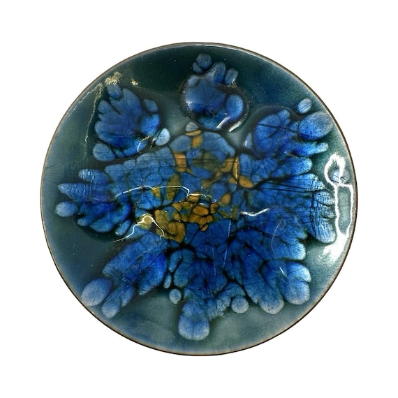 Genuine 1950s signed enamel-on-copper trinket dish in atomic-era blue/green/gold — a real mid-century artifact, not a reproduction.