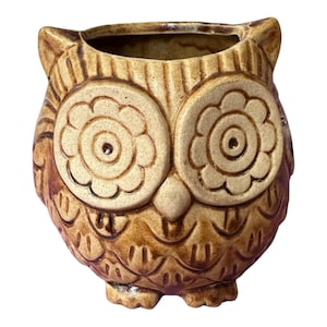 May include: A ceramic owl-shaped planter or vessel featuring a tan and brown glazed finish. The design includes large, circular eyes with a flower-like petal pattern, pointed ear tufts, and embossed feather details covering the rounded body.