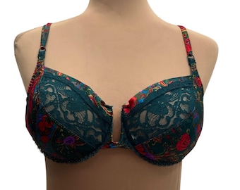 Vintage Victoria's Secret 34D Green Satin Floral Lace Underwire Gold Label Korea