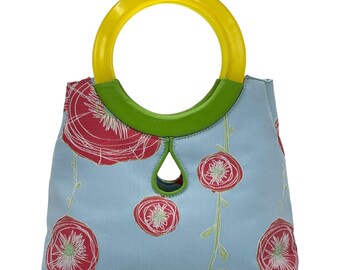 Vintage 90s Preston & York Blue Red Floral Purse Bag Double Yellow Lucite Handles
