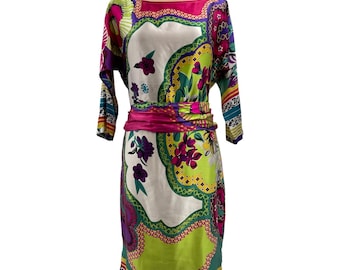 Vintage 90s Cache 100% Silk Floral Sheath Tie Sash Belt Dress Artsy XS HTF