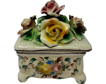 Vintage Italian Capodimonte Style Handmade Floral Trinket Box Roses c1940s 1960s
