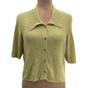 Vintage Free People Beach Ribbed Knit Linen Blend Green Button Front Top Medium image 1