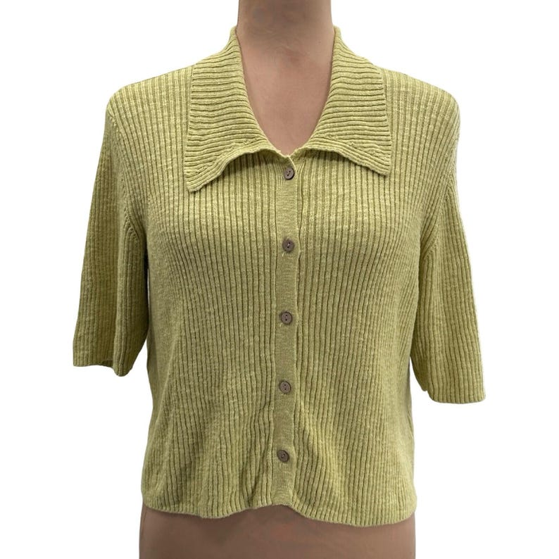 Vintage Free People Beach Ribbed Knit Linen Blend Green Button Front Top Medium image 1