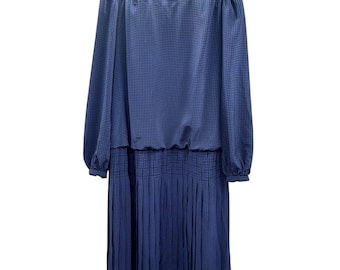 Vintage 70s Chez Tandy CA Drop Waist Pleated Dress Blouson Houndstooth Blue 22W