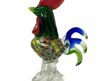 Vintage Hand Blown Art Glass Rooster Figurine Murano Style Confetti Heavy 8.5"