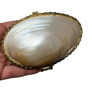 May include: An oval-shaped clutch bag featuring a polished, iridescent mother-of-pearl shell exterior. The container is framed by a textured gold-tone metal border with a hinged opening mechanism and a small clasp at the top edge.