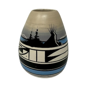 Vintage 80s Cedar Mesa Pottery Vase R. John Navajo Signed Native American Teepee