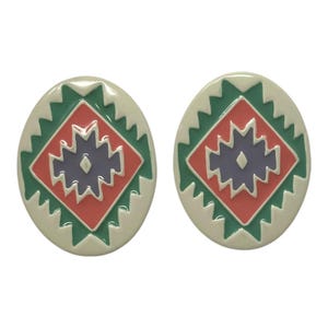 May include: A pair of oval-shaped earrings featuring a geometric pattern with a cream-colored background, a jagged green border, a coral-colored diamond shape, and a central purple star-like motif with a small diamond cutout in the middle.